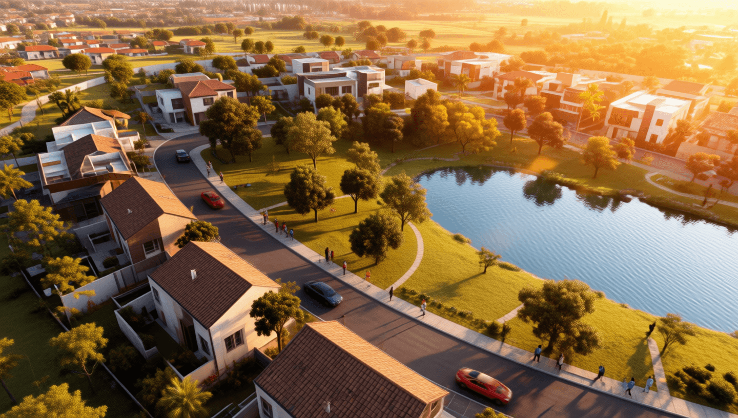 Vista aérea do bairro planejado com lago e áreas verdes ao entardecer