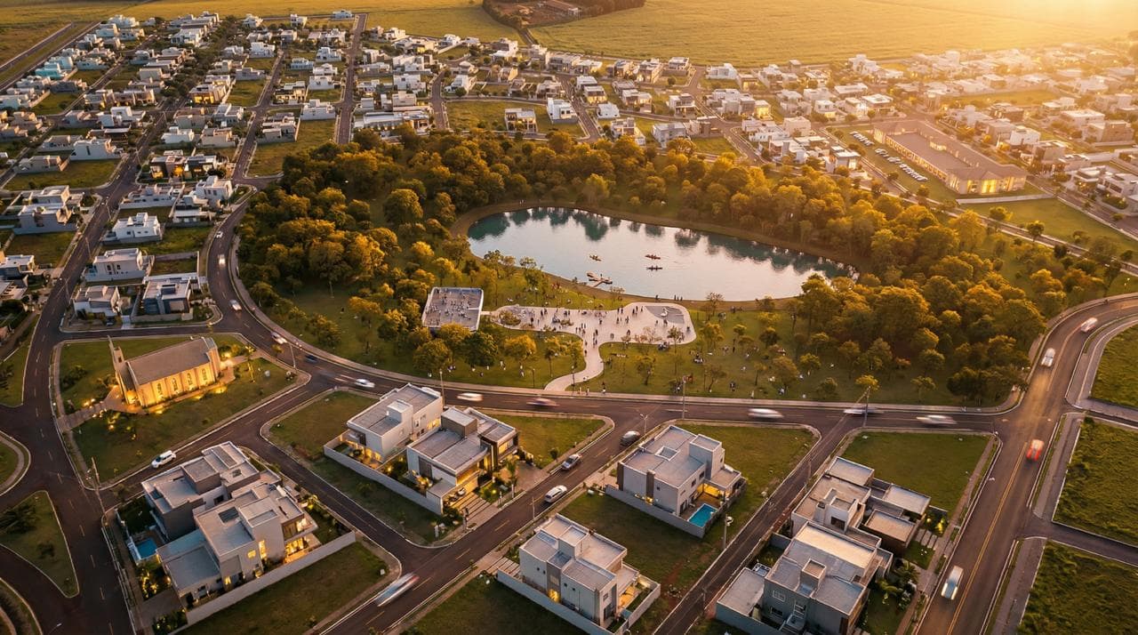 Vista aérea de um bairro planejado com avenidas arborizadas e áreas verdes ao entardecer