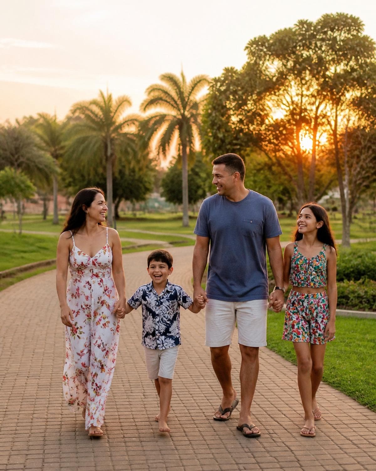 Família reunida e sorrindo em um parque arborizado