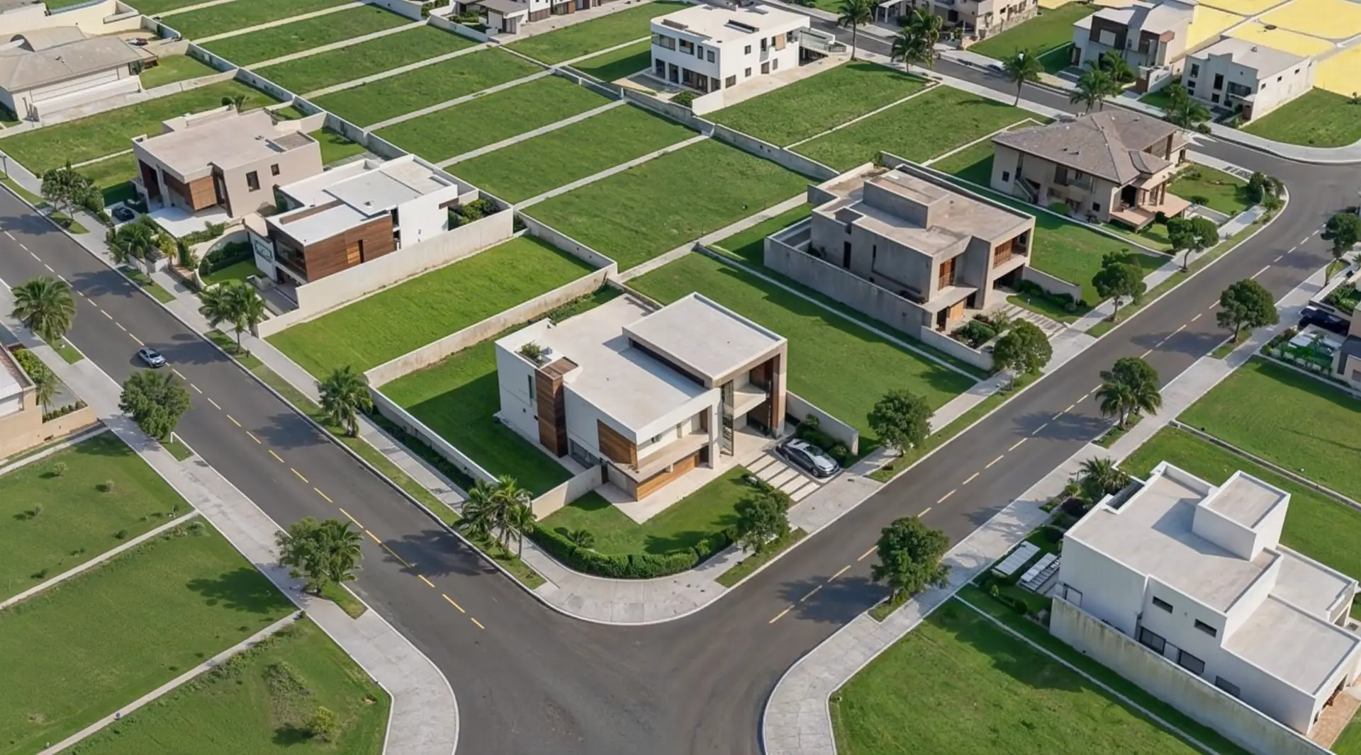 Vista aérea de lotes amplos com residências contemporâneas e ruas arborizadas